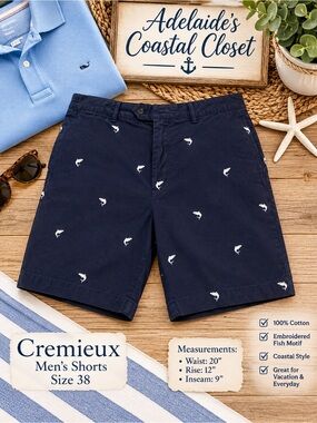 Cremieux Men’s Navy Embroidered Fish Shorts Size 38